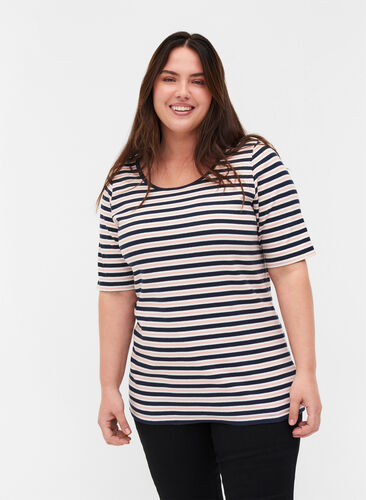 Raidallinen t-paita puuvillaa ribbauksella, Blue Rose Stripe, Model image number 0