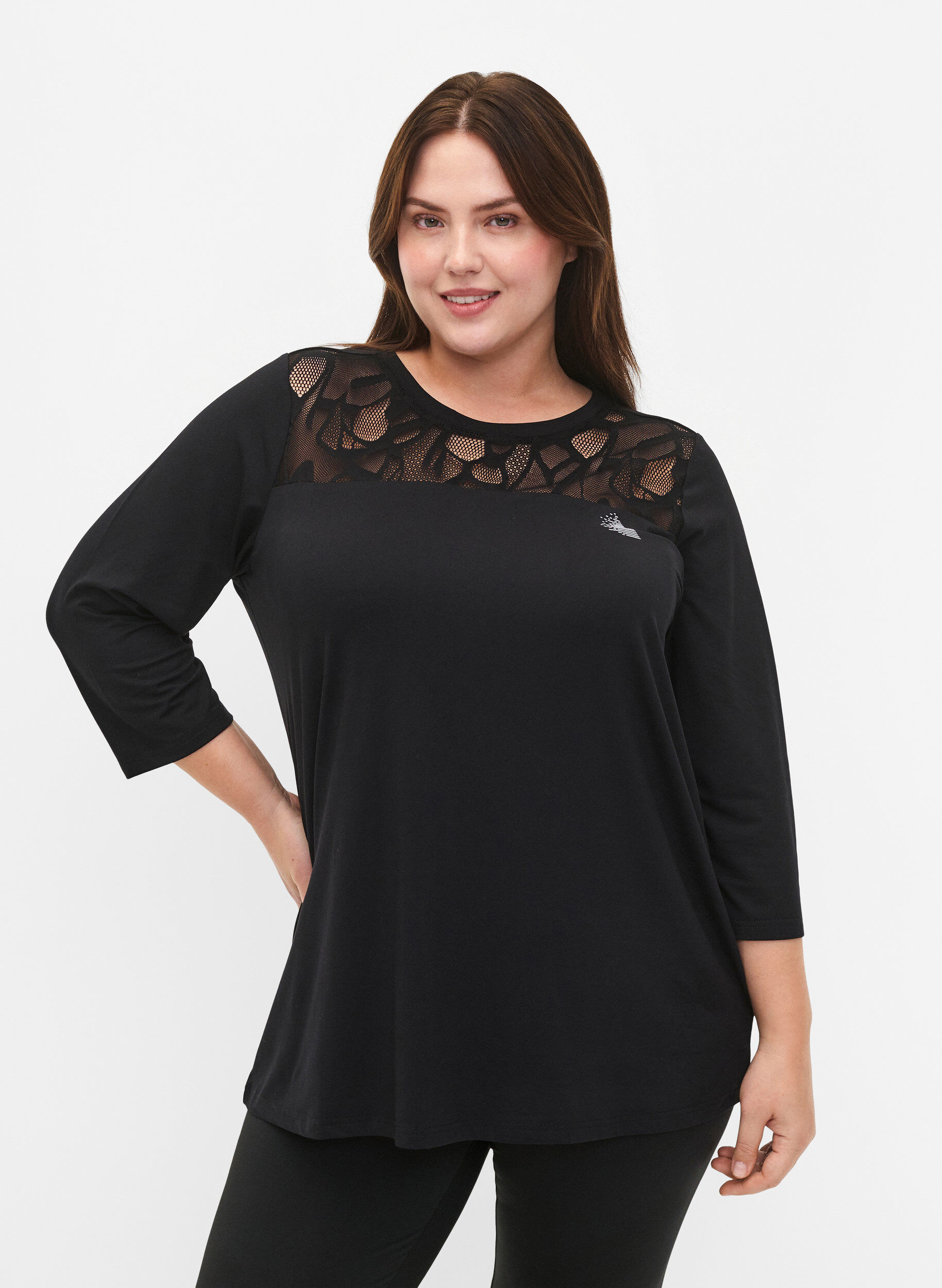 Zizzi Treeni-t-paita, jossa on 3/4-pituiset hihat ja kuviollinen mesh-kangas, Black, Model image number 0