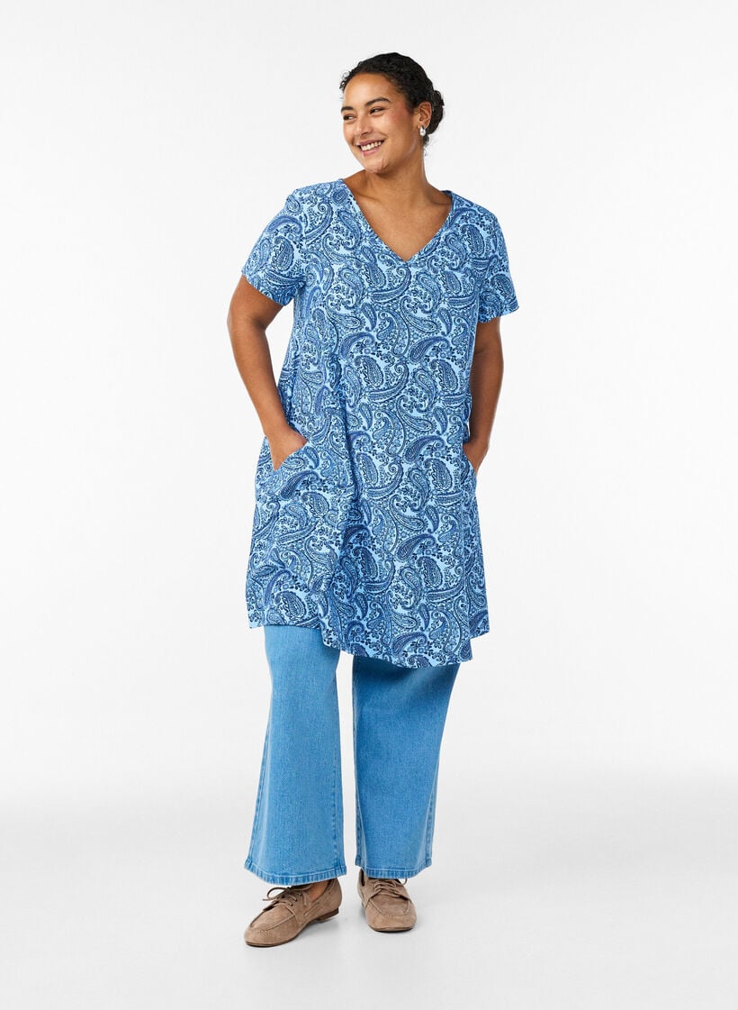 Lyhyt a-linjainen mekko paisley-kuosilla, Sininen, Model image number 1