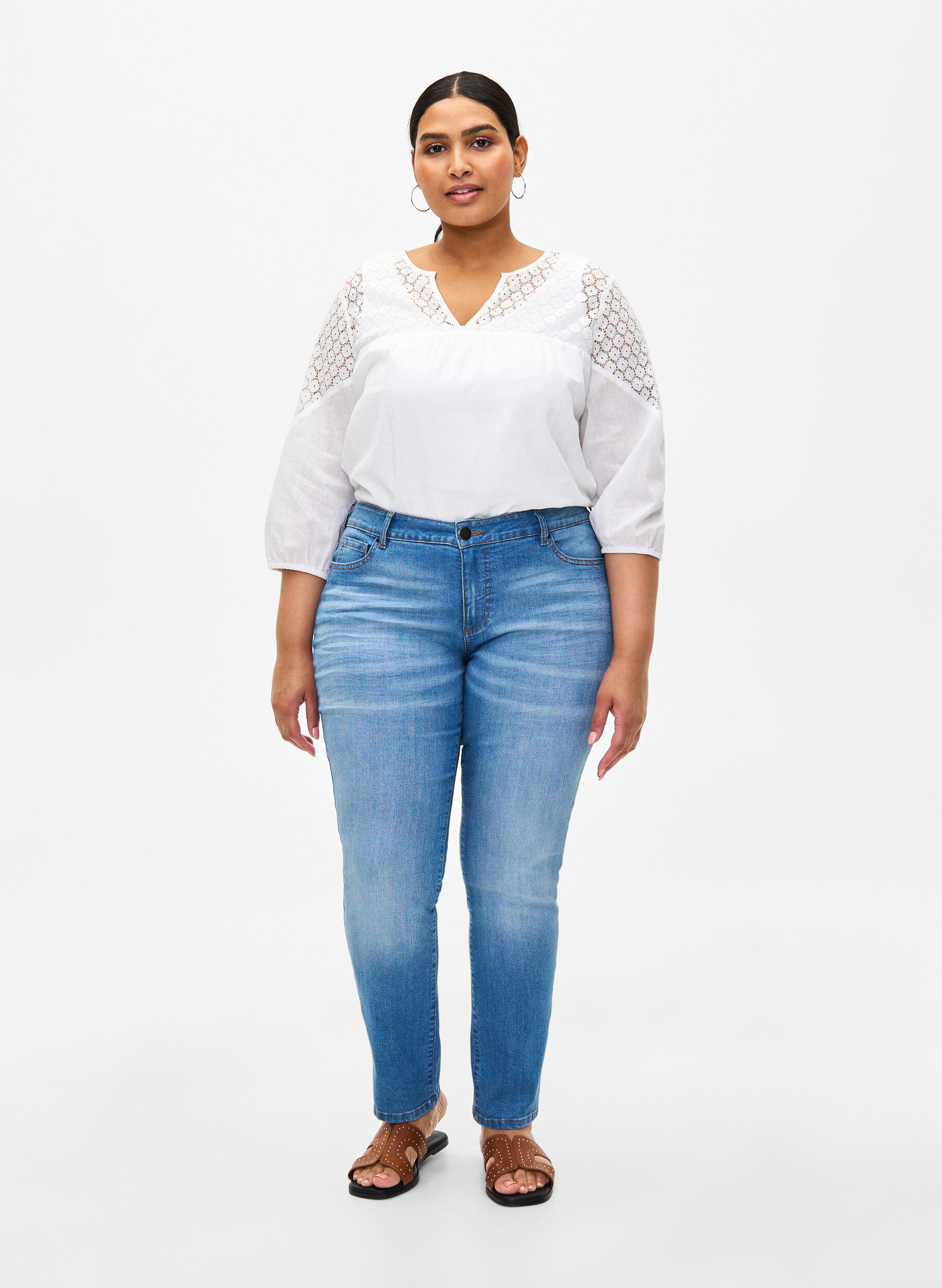 Zizzi Pusero puuvillan ja pellavan sekoitteesta virkatuilla yksityiskohdilla., Bright White, Model image number 2