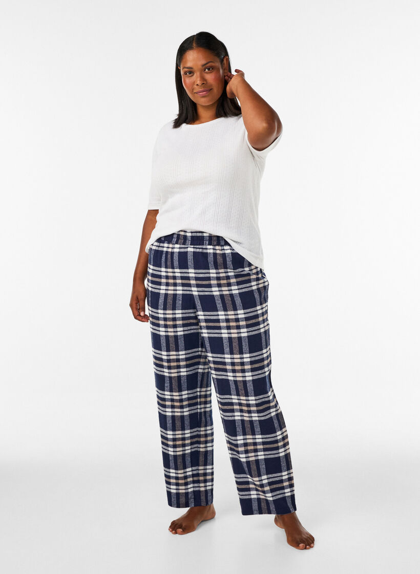 Ruudulliset puuvillaiset pyjamahousut, Sininen, Model image number 1