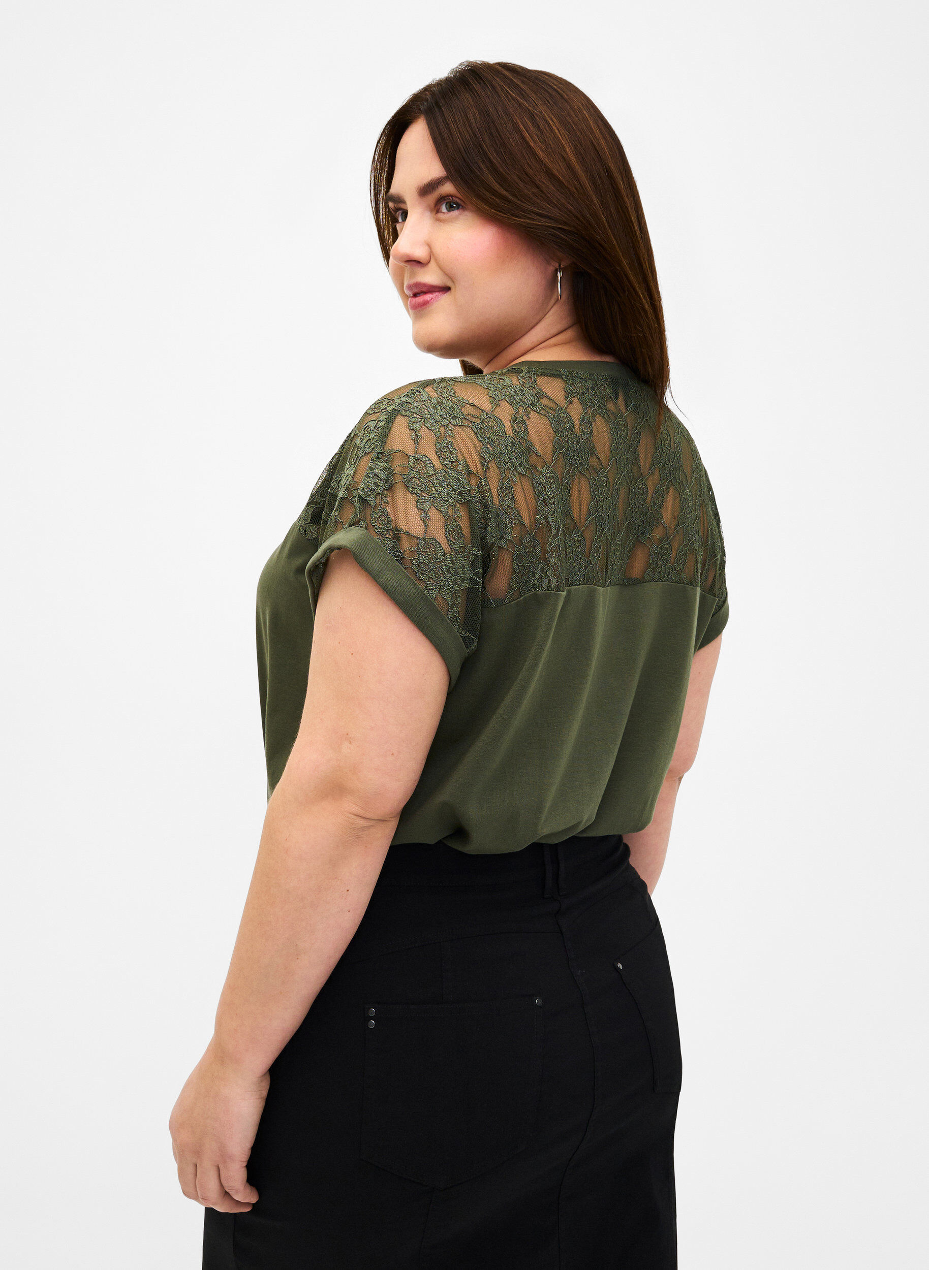 Zizzi Lyhythihainen pitsikoristeltu t-paita puuvillaa, Thyme, Model image number 1