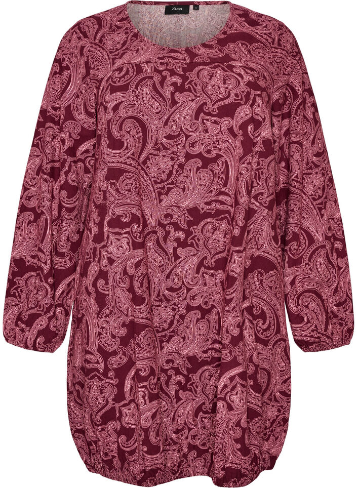 Lyhyt puuvillamekko joustavalla helmalla ja pitk&auml;t hihat, Tumma Bordeaux, Packshot image number 0