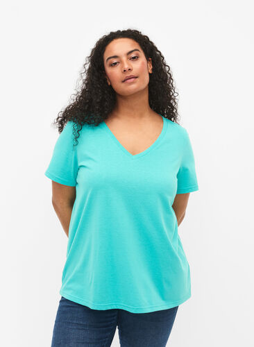 Lyhythihainen t-paita v-pääntiellä, Turquoise, Model image number 0