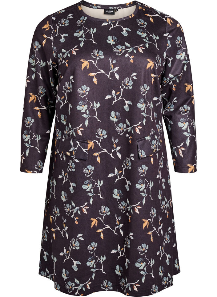 Lyhyt A-linjainen mekko 7/8-hihoilla, Musta, Packshot image number 0