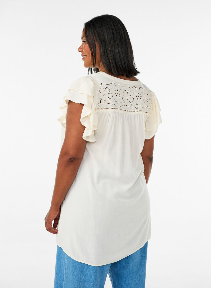 Tunika broderi anglaise -koristeella ja r&ouml;yhel&ouml;hihoilla, Beige, Model image number 2