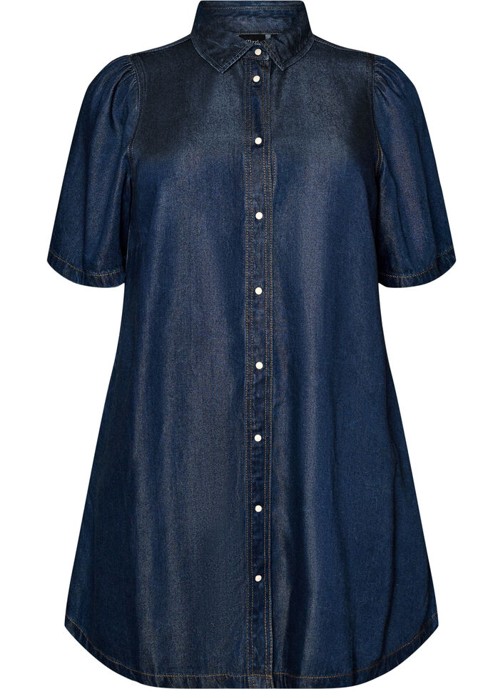 Lyocell-denimmekko napeilla ja lyhyill&auml; hihoilla, Sininen, Packshot image number 0