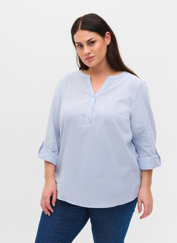 Puuvillainen paitapusero v-aukolla, Icelandic Blue, Model image number 0
