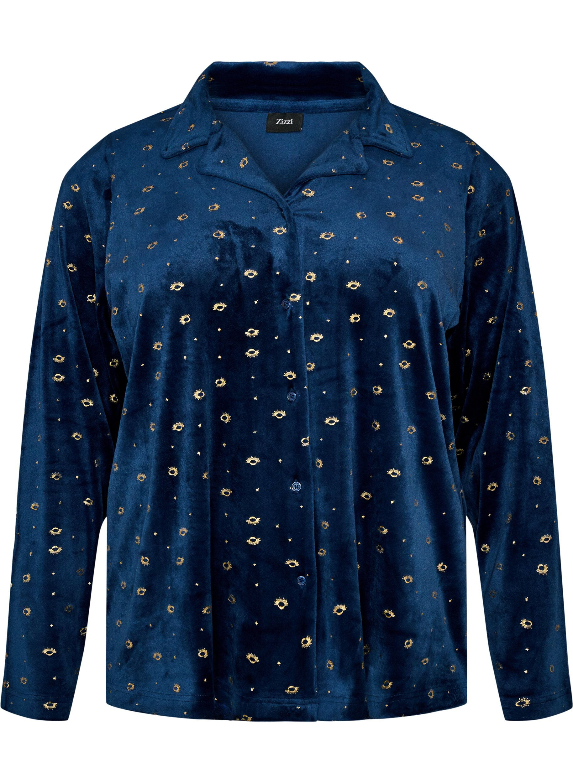 ZizziVeluurinen pyjamapaita kauttaaltaan printill&auml;, Sininen, Packshot image number 0