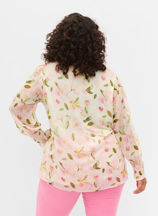 Kuosillinen, v-aukkoinen pusero pitkillä hihoilla, White/Pink Flower, Model image number 1