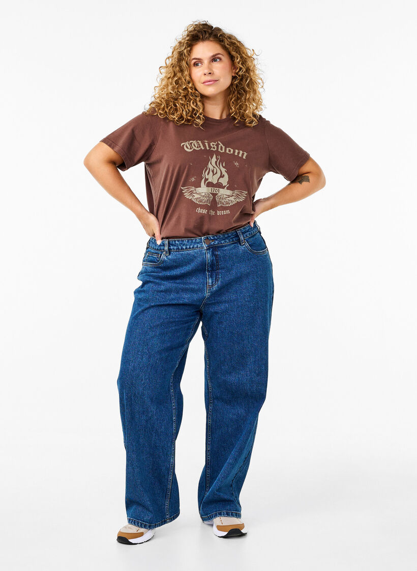 Luomupuuvillasta valmistettu T-paita painatuksella, Ruskea, Model image number 1