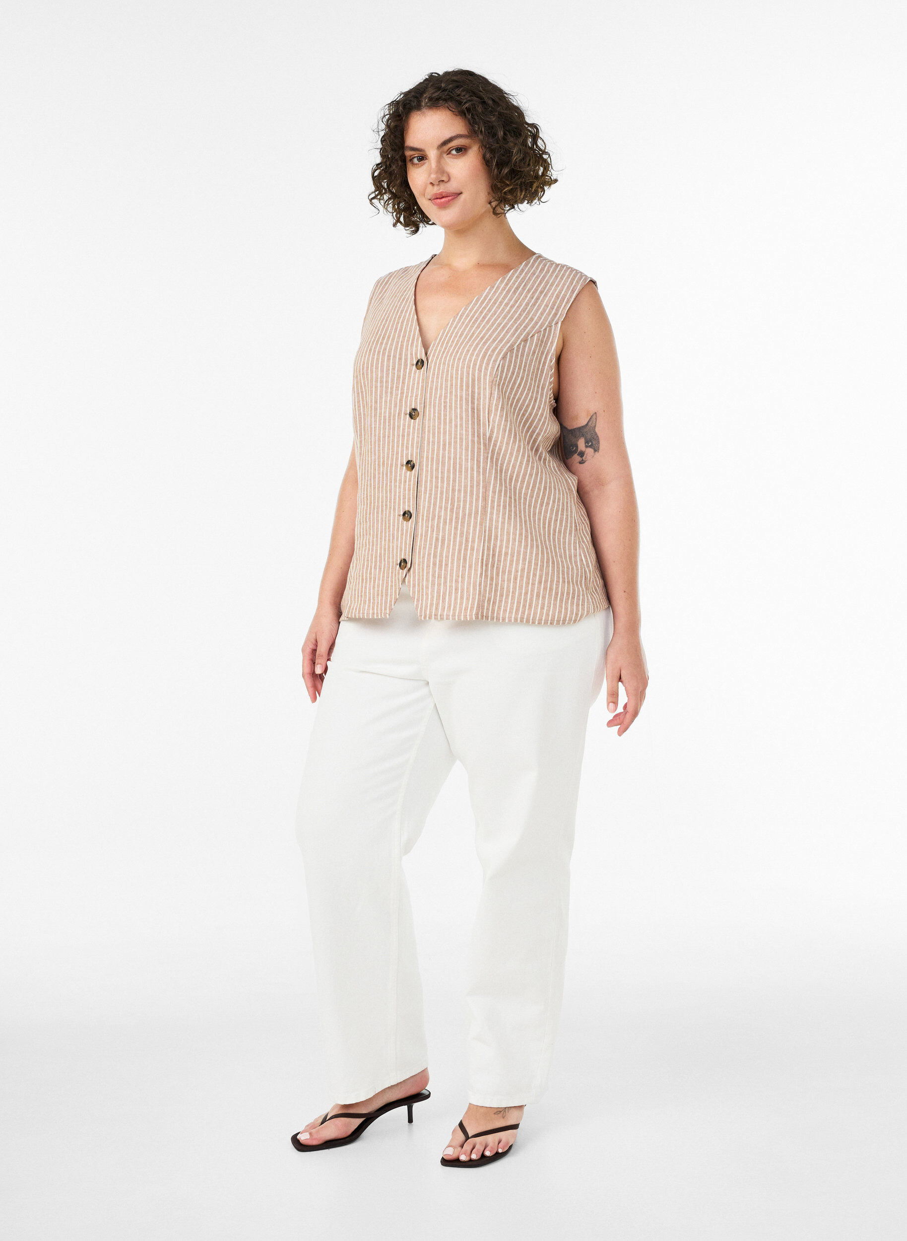 ZizziRaidallinen liivi pellavaa ja viskoosia, Beige, Model image number 1
