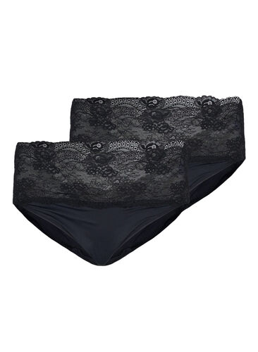 2 kpl korkeavyötäröisiä alushousuja pitsireunuksella , Black, Packshot image number 0