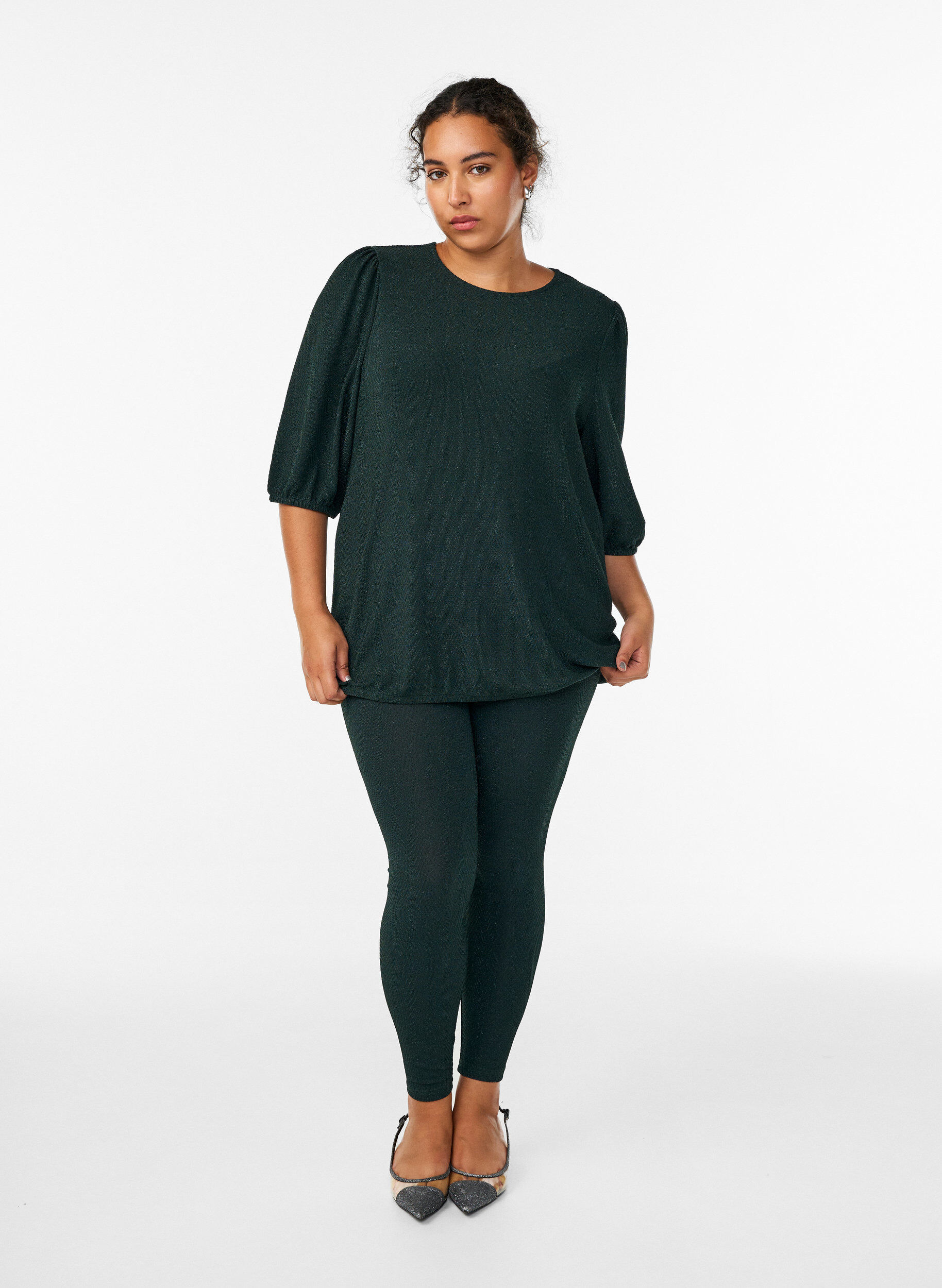 Zizzi Leggingsit glitterkuviolla, Vihre&auml;, Model image number 1