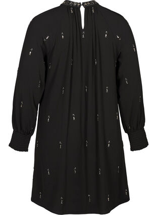 Pitkähihainen mekko helmillä ja smokkirypytyksellä, Black, Packshot image number 1