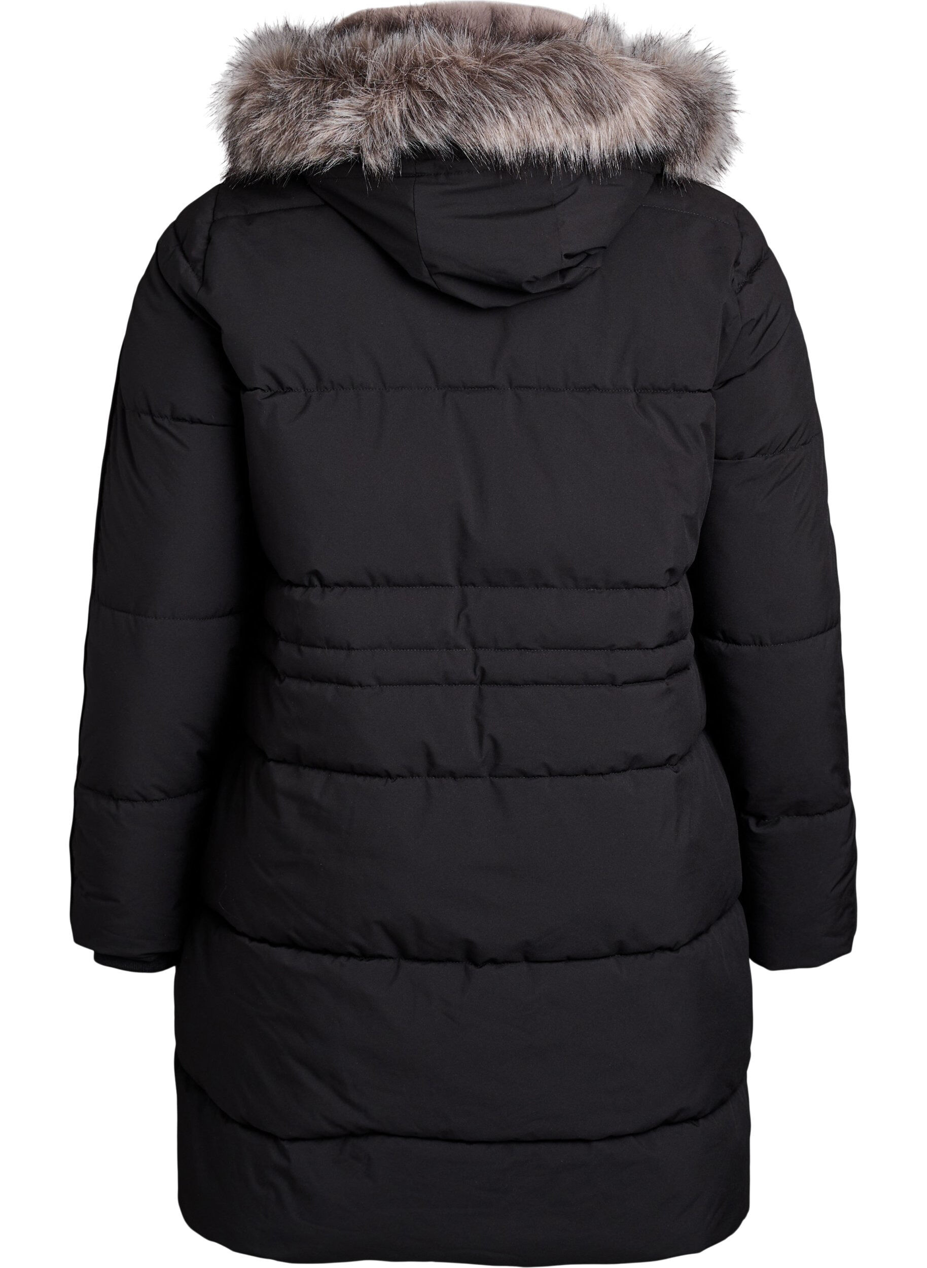 Zizzi Vedenkest&auml;v&auml; parka tekoturkiskauluksella, Musta, Packshot image number 1