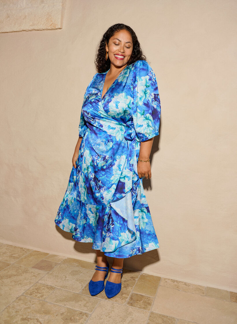 Kukkakuvioinen kietaisumekko 3/4-hihoilla, Sininen, Image image number 0