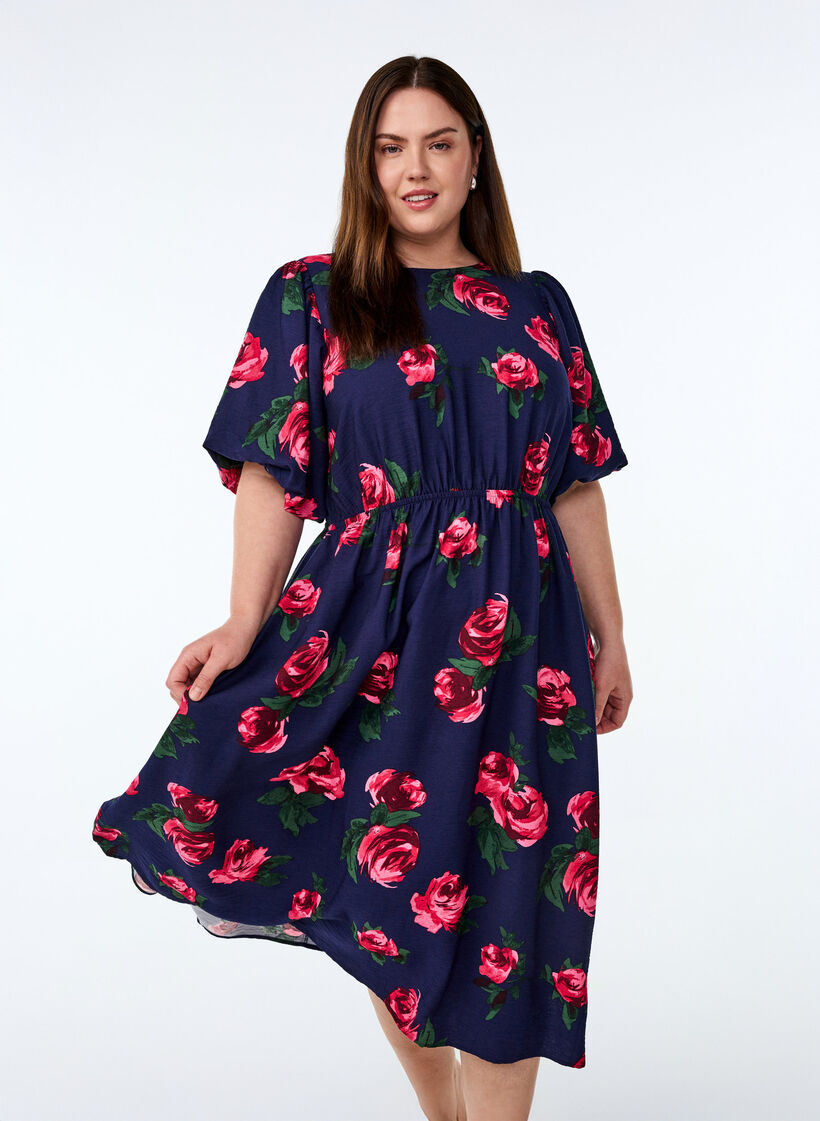 Midimekko ruusukuosilla ja lyhyill&auml; laskostetuilla hihoilla, Sininen, Model image number 0