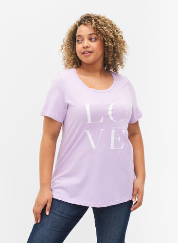 Lyhythihainen puuvillainen t-paita painatuksella, Lavendula LOVE, Model image number 0