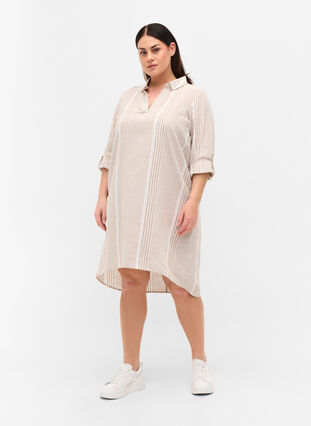 Puuvillasta ja pellavasta valmistettu raidallinen mekko, White Taupe Stripe, Model image number 2