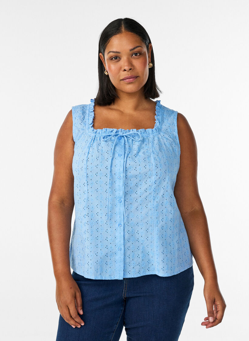 Hihaton pusero, jossa on brodeerattua anglaisea ja r&ouml;yhel&ouml;it&auml;, Sininen, Model image number 0