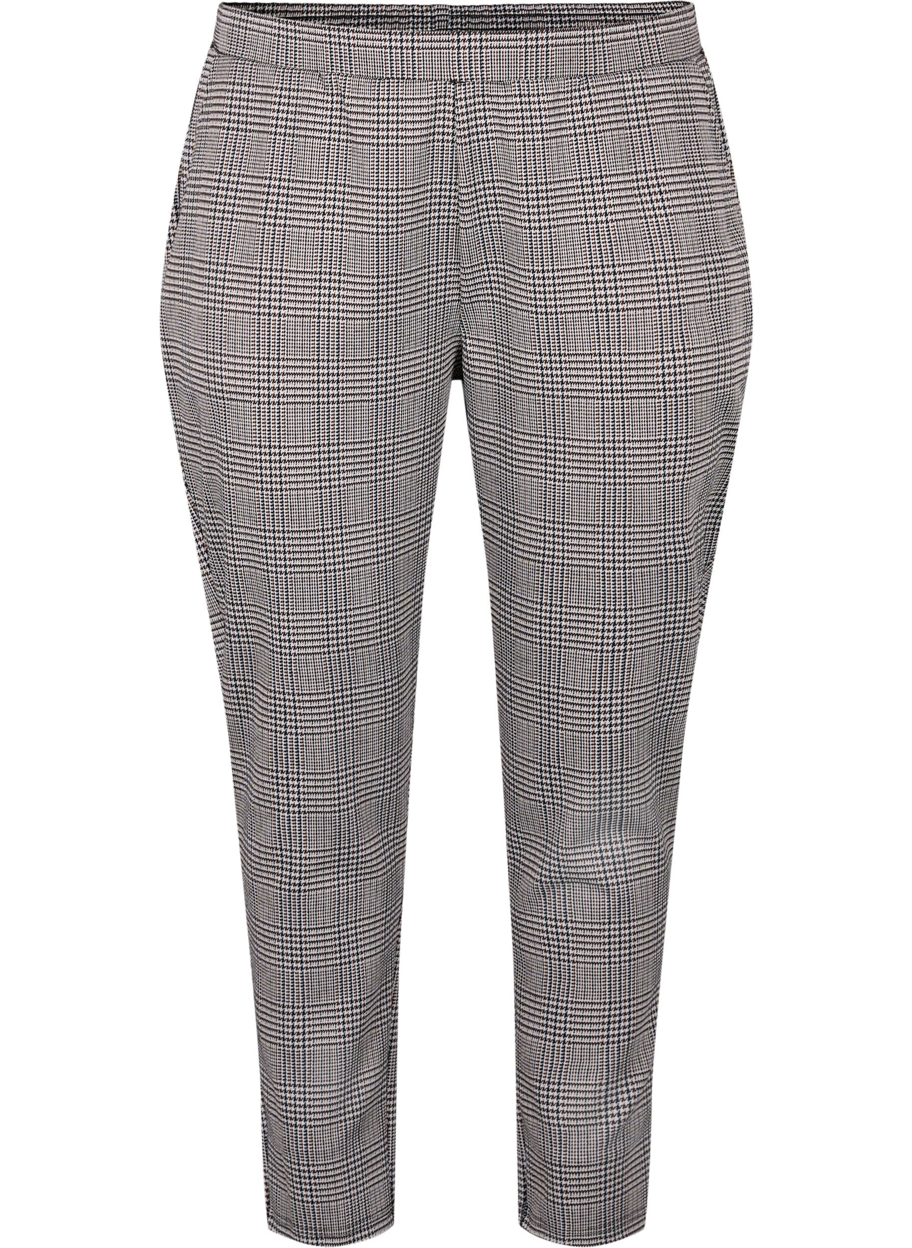 Zizzi Cropped Maddison -housut ruudullisella kuviolla, Beige Brown Check, Packshot image number 0