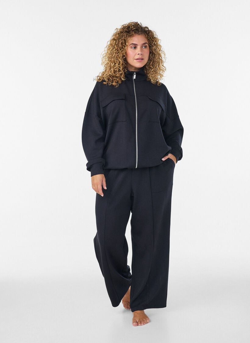 Jersey-neuletakki vetoketjulla ja korkealla kauluksella, Musta, Model image number 1