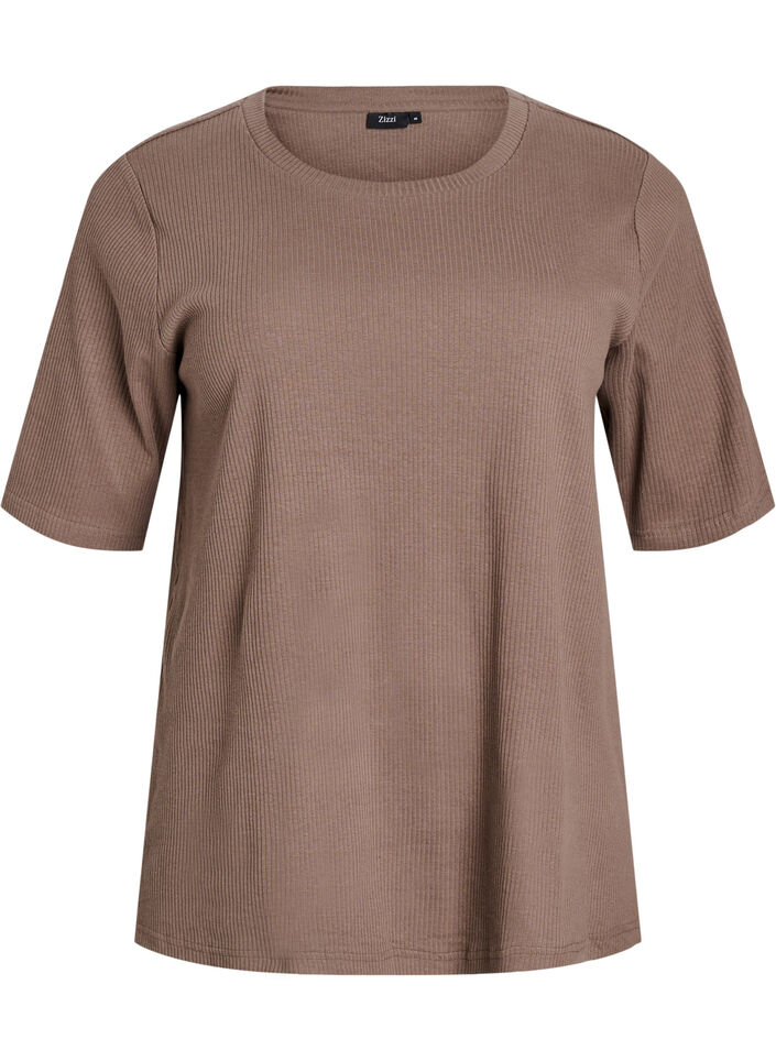 Ribattu jerseypusero, jossa on lyhyet hihat, Ruskea, Packshot image number 0