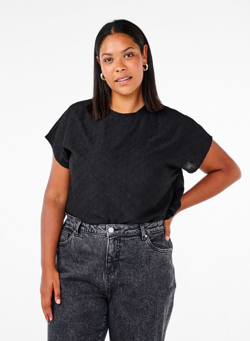 Lyhythihainen pusero kukkakirjailulla, Black, Model image number 0