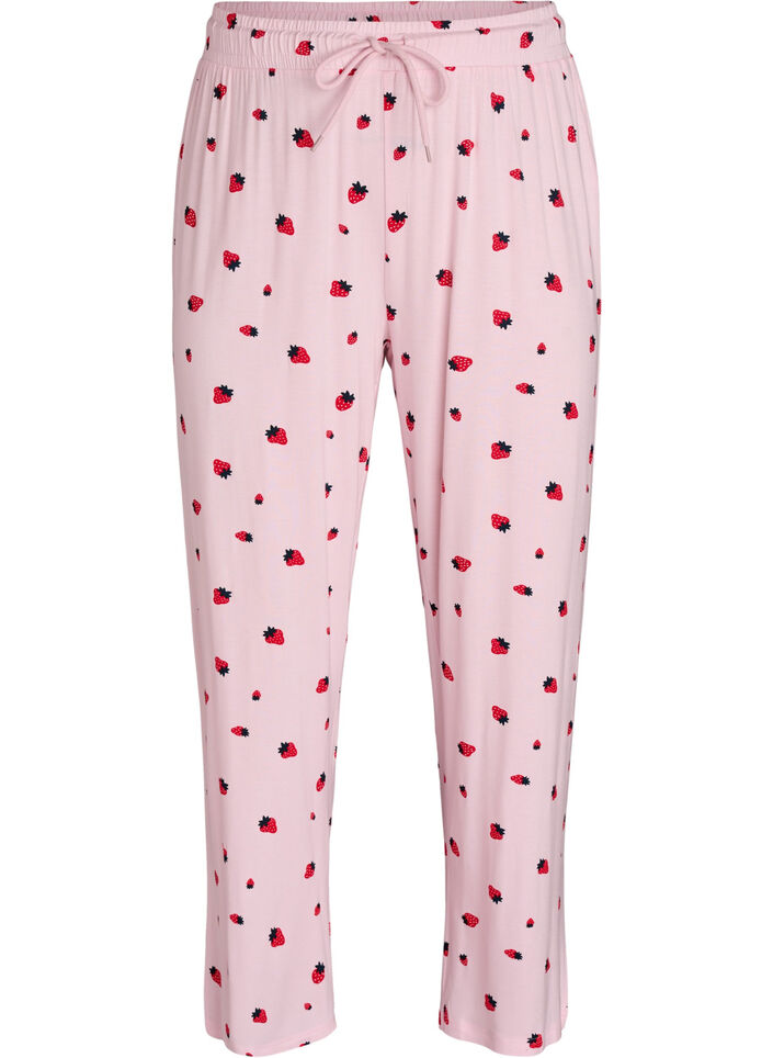Pyjamahousut pehme&auml;st&auml; jersey-materiaalista, korkea vy&ouml;t&auml;r&ouml; ja hedelm&auml;kuosi, Vaaleanpunainen, Packshot image number 0