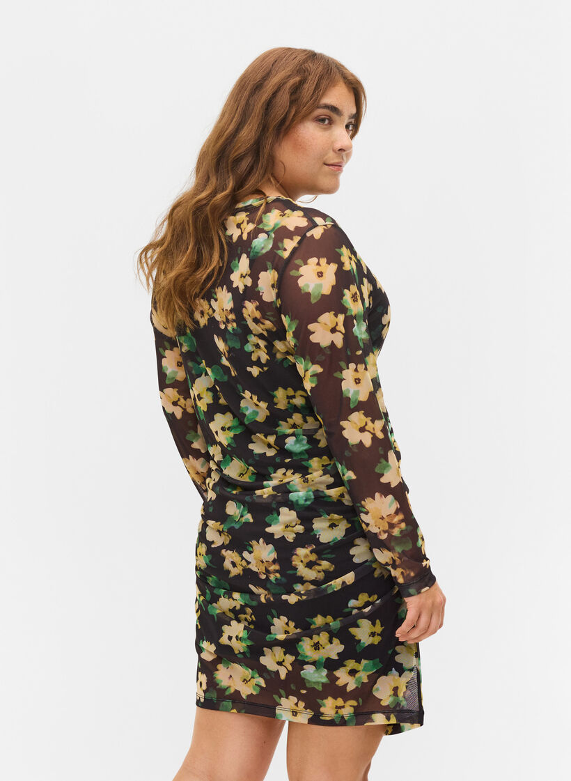 Tyköistuva mekko mesh-kankaasta 3/4-hihoilla, Yellow Green AOP, Model image number 1