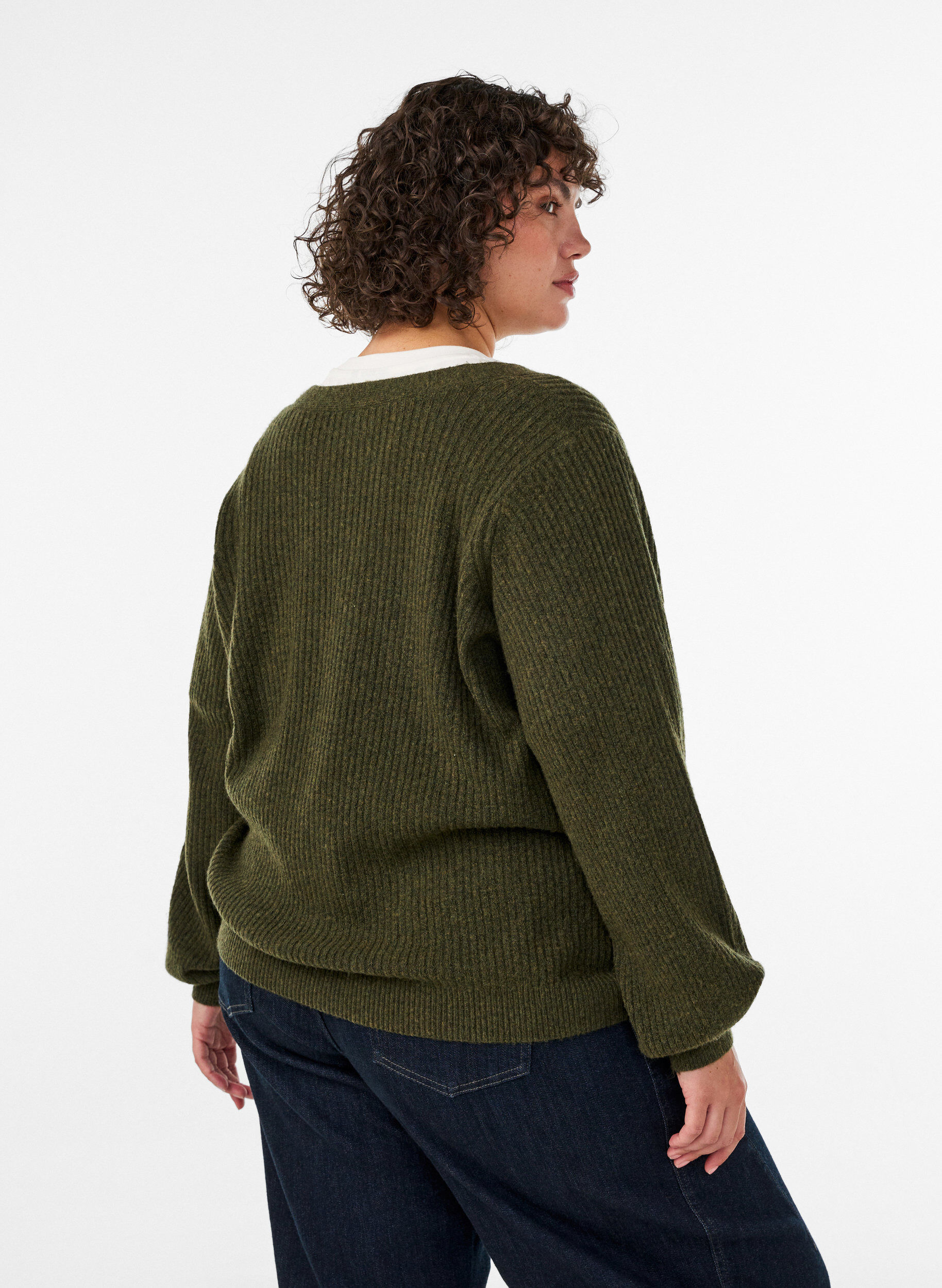 ZizziNeuletakki V-p&auml;&auml;ntiell&auml; ja ribatulla tekstuurilla, Vihre&auml;, Model image number 2