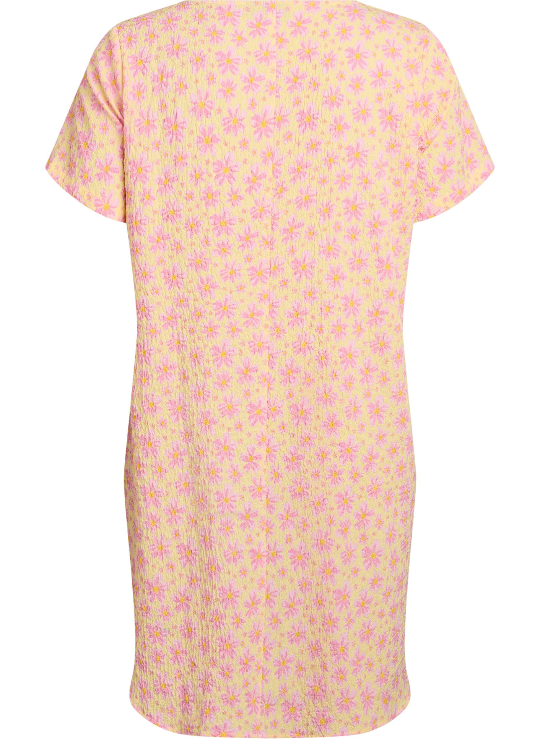 ZizziLyhyt mekko, jossa on ryppyinen pinta ja lyhyet hihat, Keltainen, Packshot image number 1