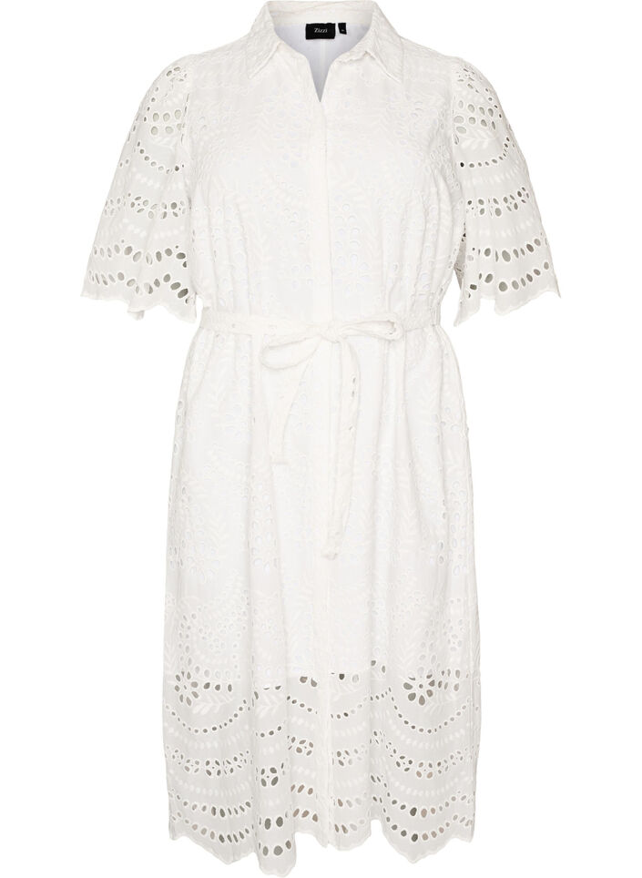 Paitamekko brodeerattua broderie anglaise -kangasta vy&ouml;ll&auml;, Valkoinen, Packshot image number 0