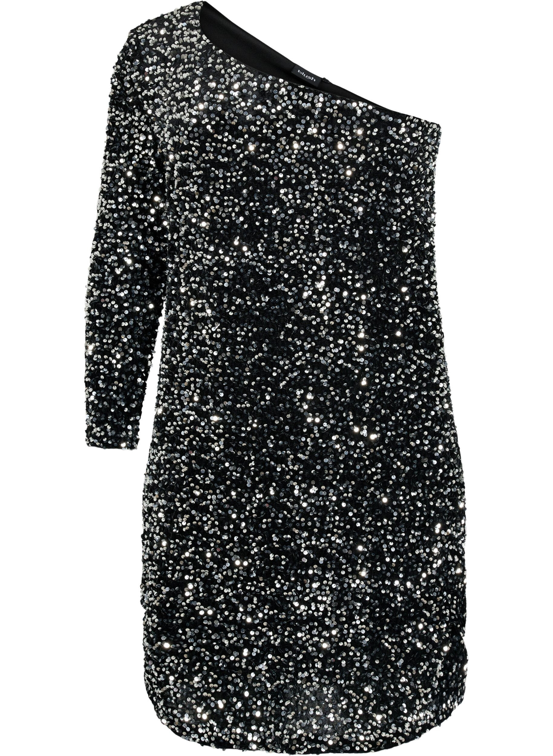 Zizzi Lyhyt yksiolkaiminen mekko paljeteilla, Black/Silver Sequins, Packshot image number 0