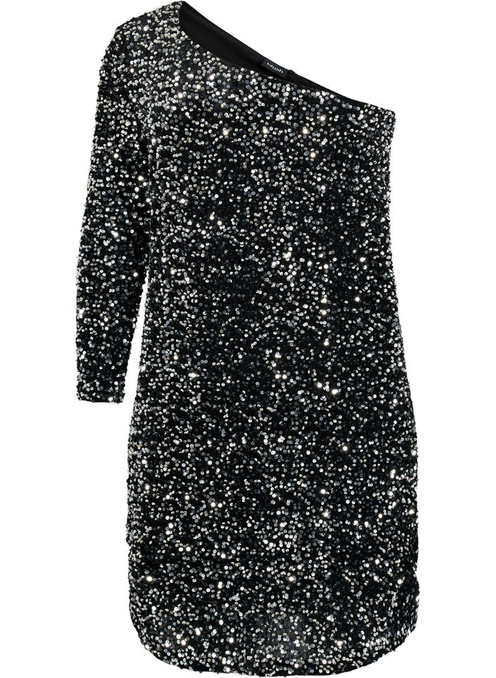 Lyhyt yksiolkaiminen mekko paljeteilla, Black/Silver Sequins, Packshot image number 0