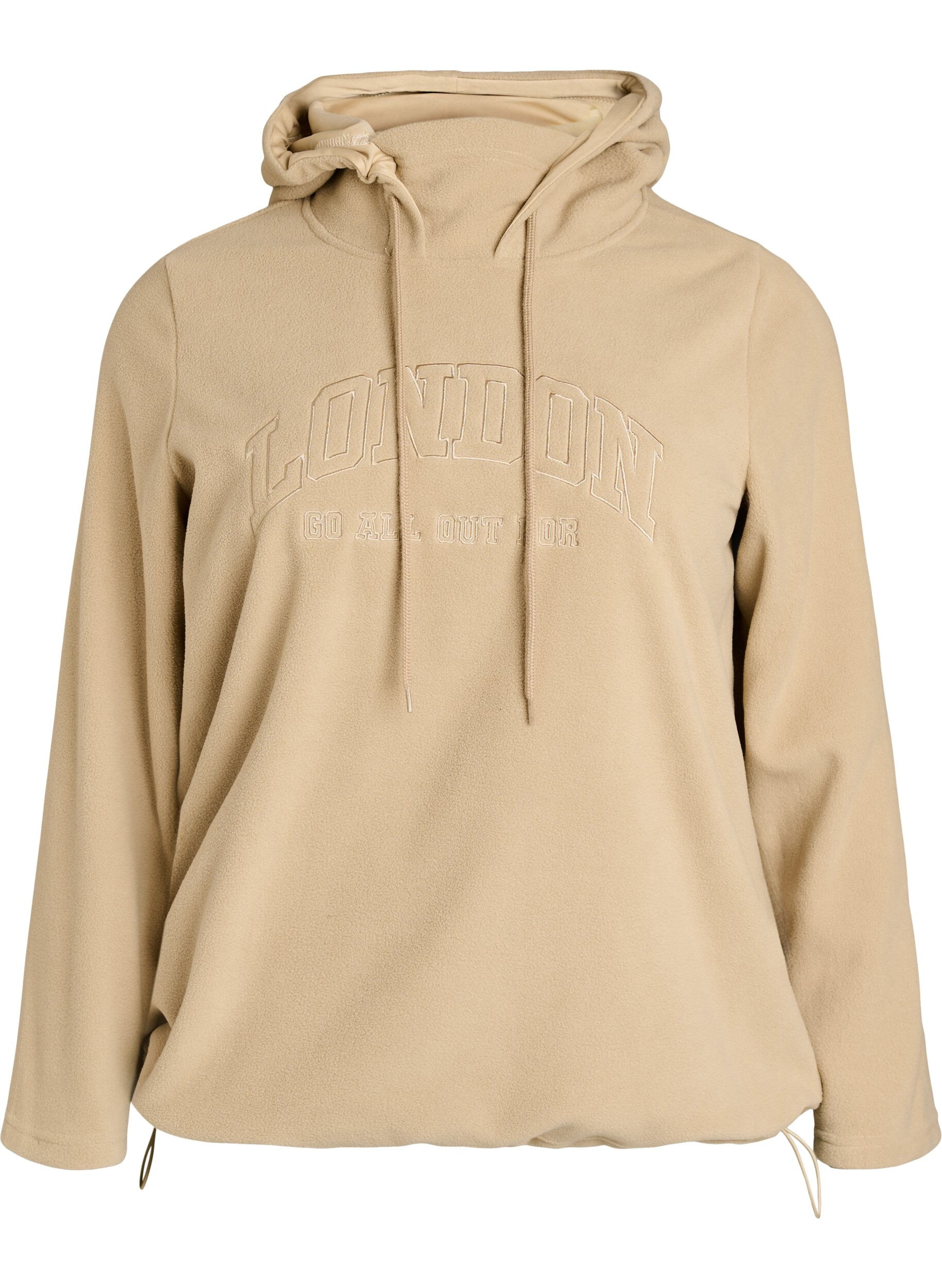 Fleece-huppari korkealla kauluksella ja brodeeratulla tekstill&auml;