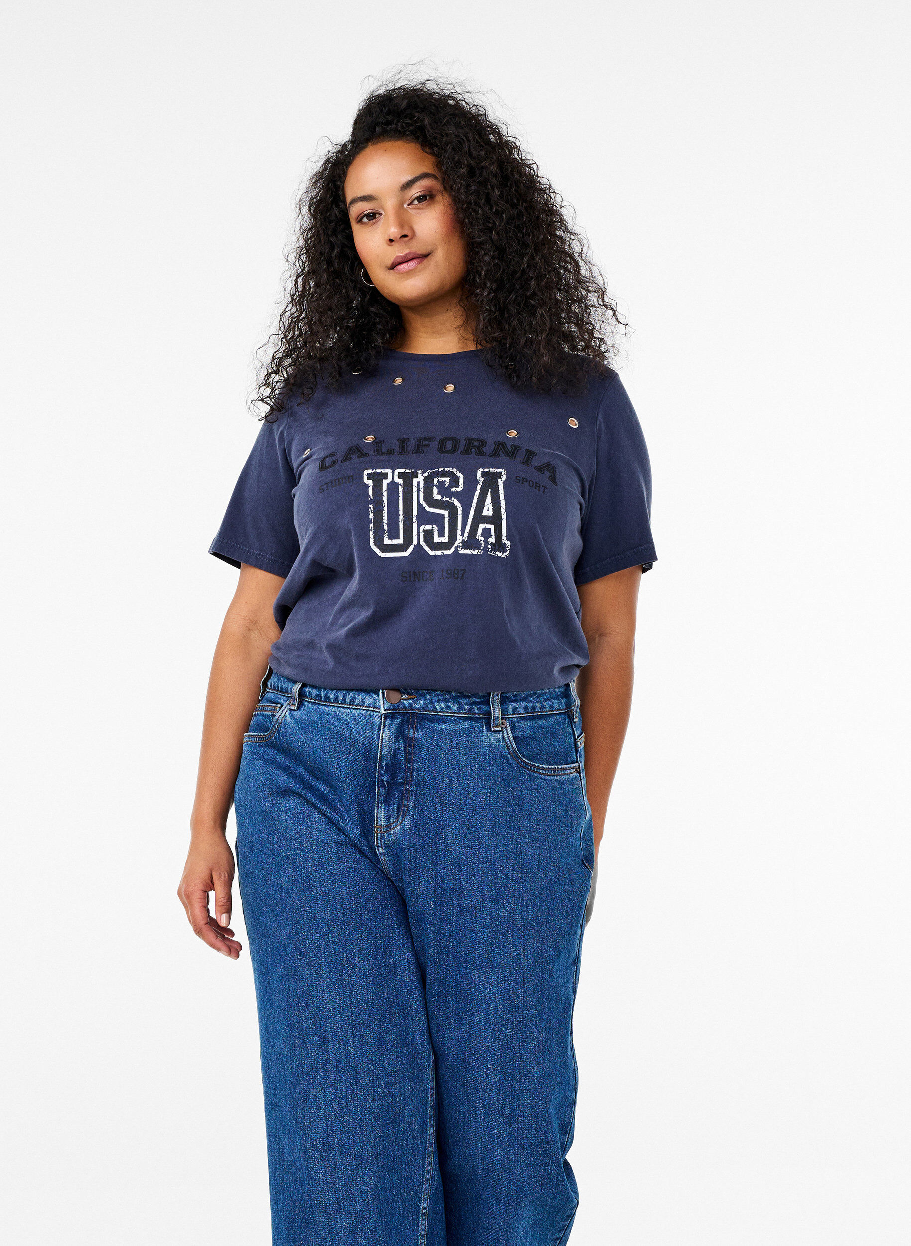 Zizzi T-paita silmukoin ja printill&auml;, Navy Washed , Image image number 0