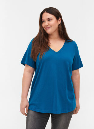 T-paita ekologisesta puuvillasta v-aukolla, Maroccan Blue, Model image number 0