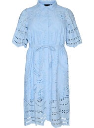 Paitamekko brodeerattua broderie anglaise -kangasta vy&ouml;ll&auml;, Sininen