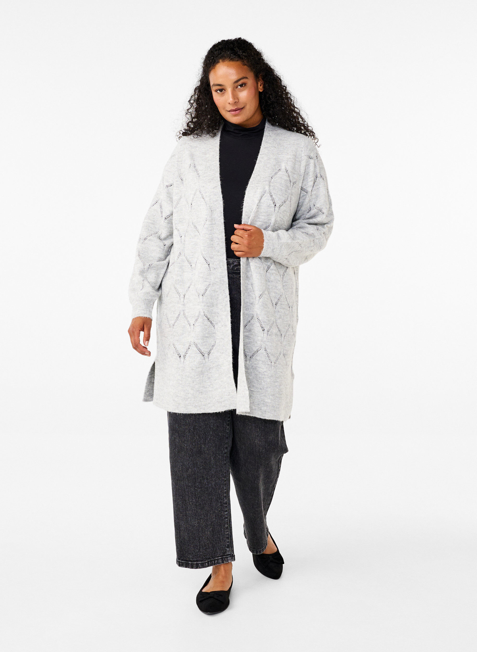 Zizzi Pitk&auml;hihainen neuletakki, Light Grey Melange, Model image number 2