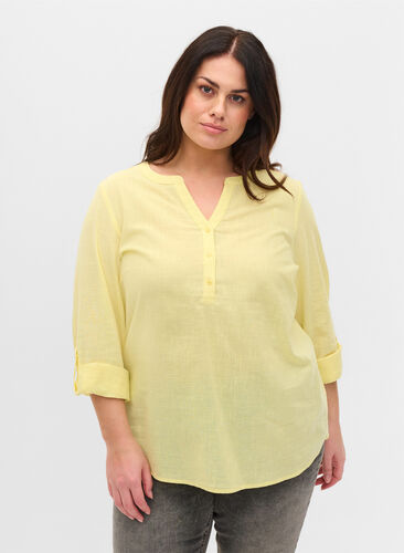 Puuvillainen paitapusero v-aukolla, Yellow, Model image number 0