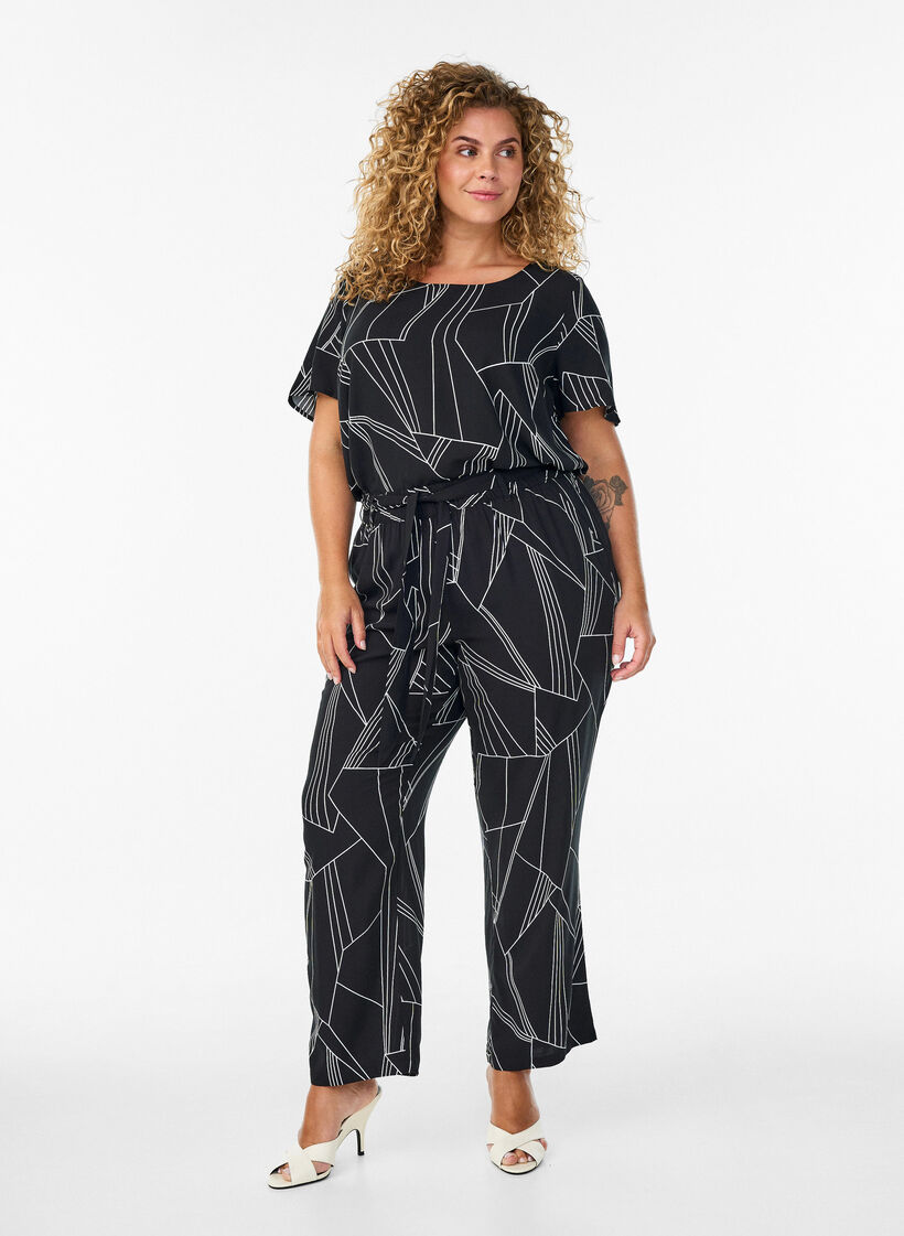 Lyhythihainen viskoosipusero printill&auml;, Musta, Model image number 1