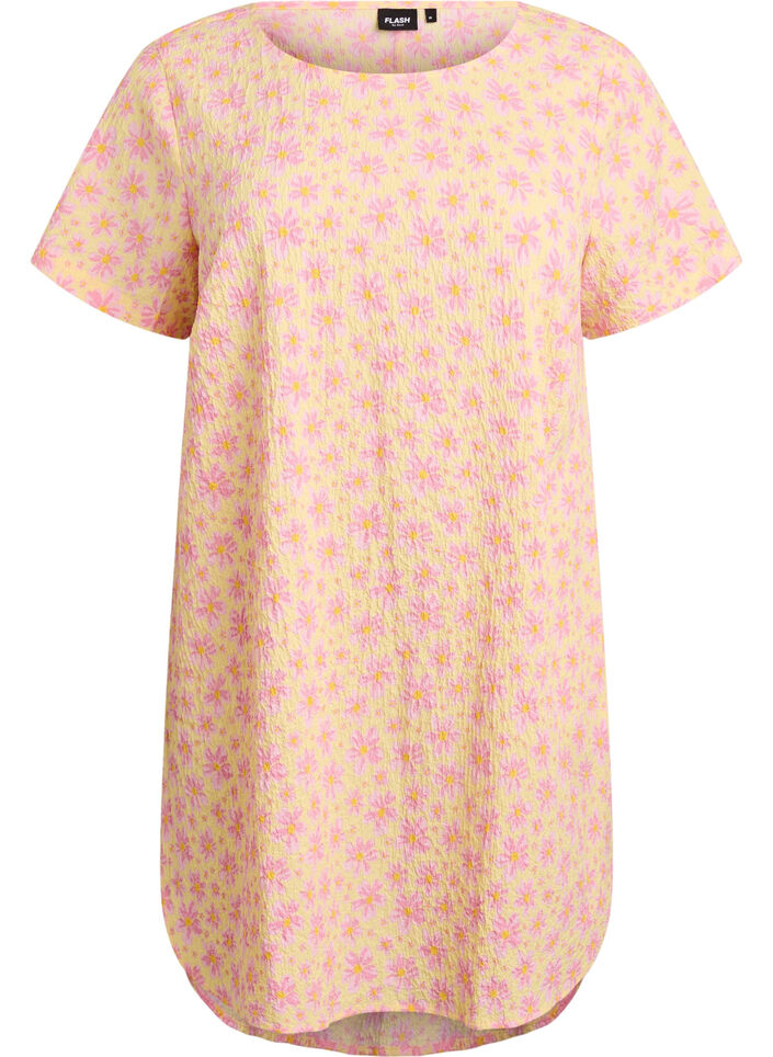 Lyhyt mekko, jossa on ryppyinen pinta ja lyhyet hihat, Keltainen, Packshot image number 0