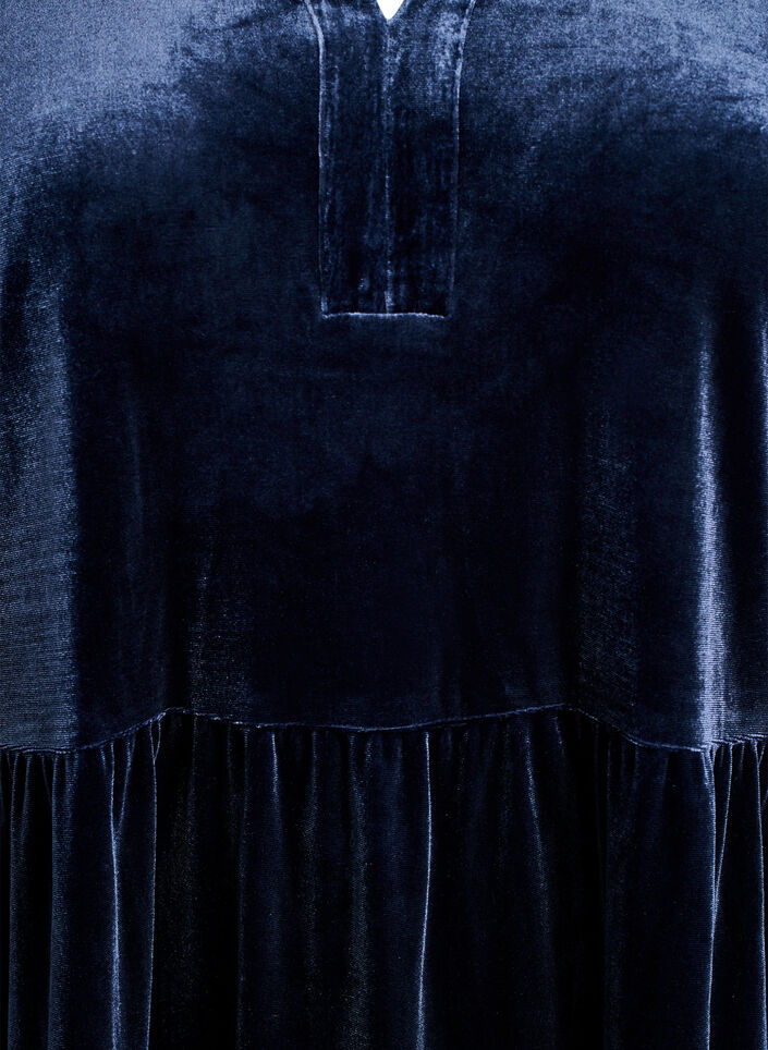 Lyhyt veluurimekko röyhelökauluksella ja pitkillä hihoilla, Sininen, Packshot image number 2