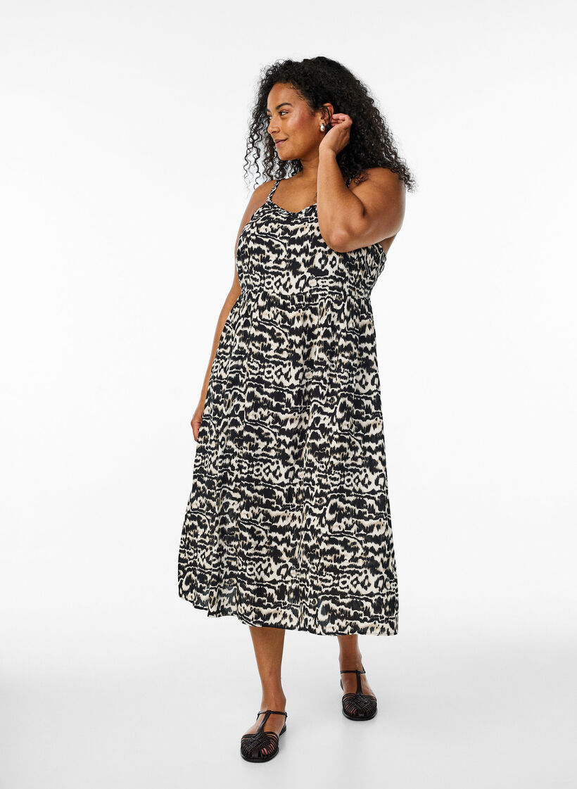 Midi-mittainen olkainmekko, jossa on smokattu selkäosa, Musta, Model image number 0