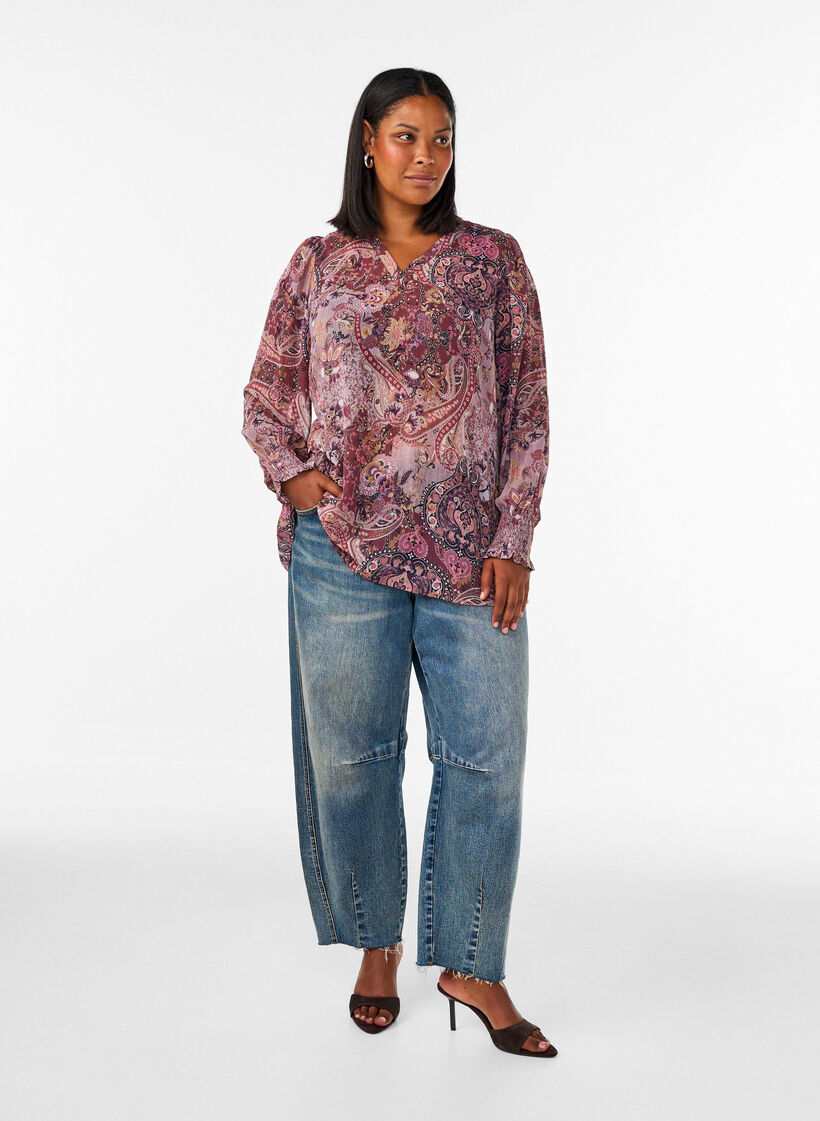 Tunika paisleykuosilla ja smokkatuilla hihansuilla, Vaaleanpunainen, Model image number 1