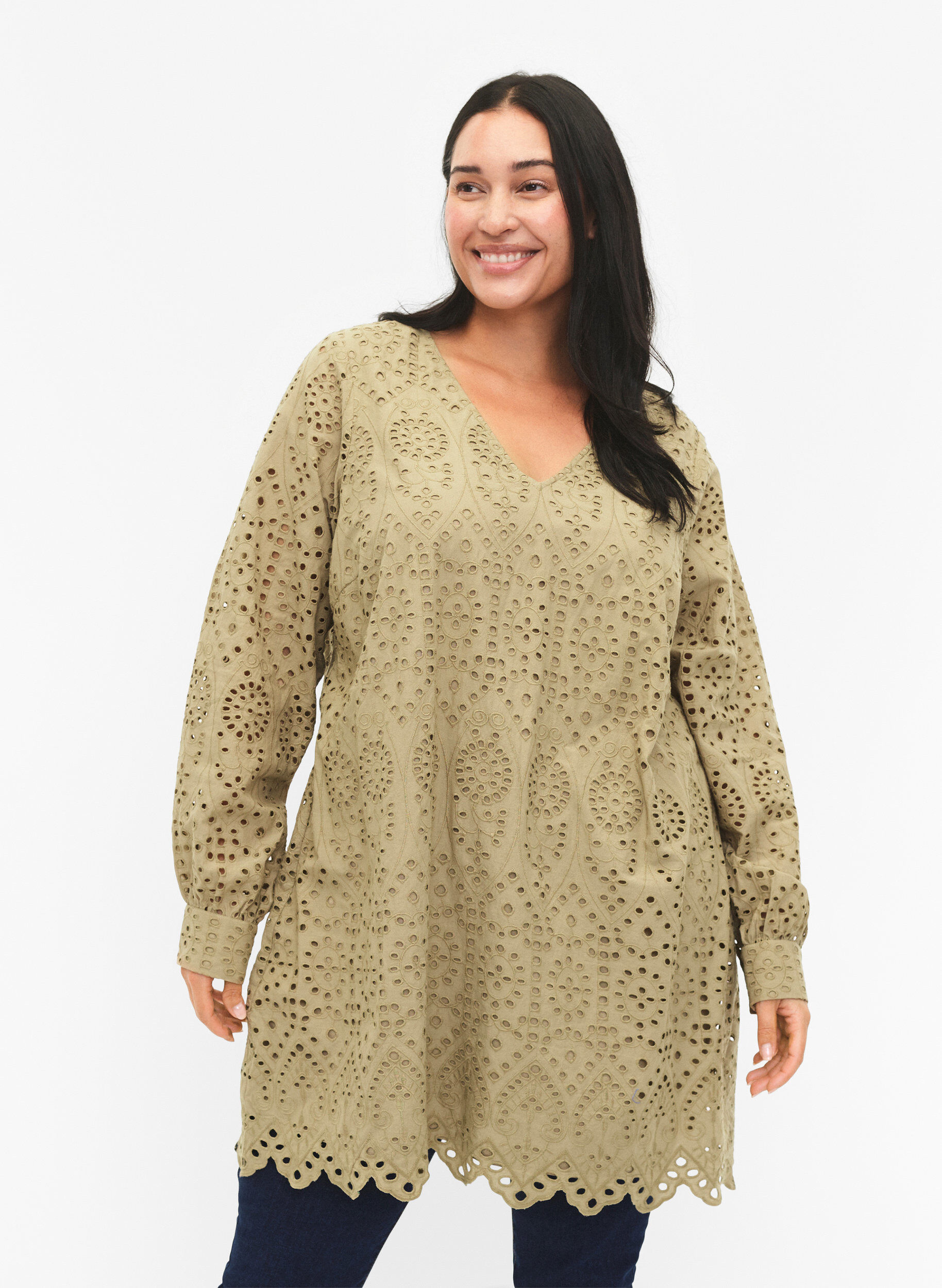 Zizzi Brodeerattu Puuvillatunika, Coriander, Model image number 0