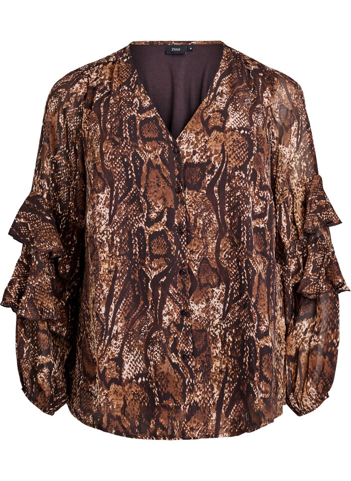 Eläinkuosillinen pusero röyhelöillä, Ruskea, Packshot