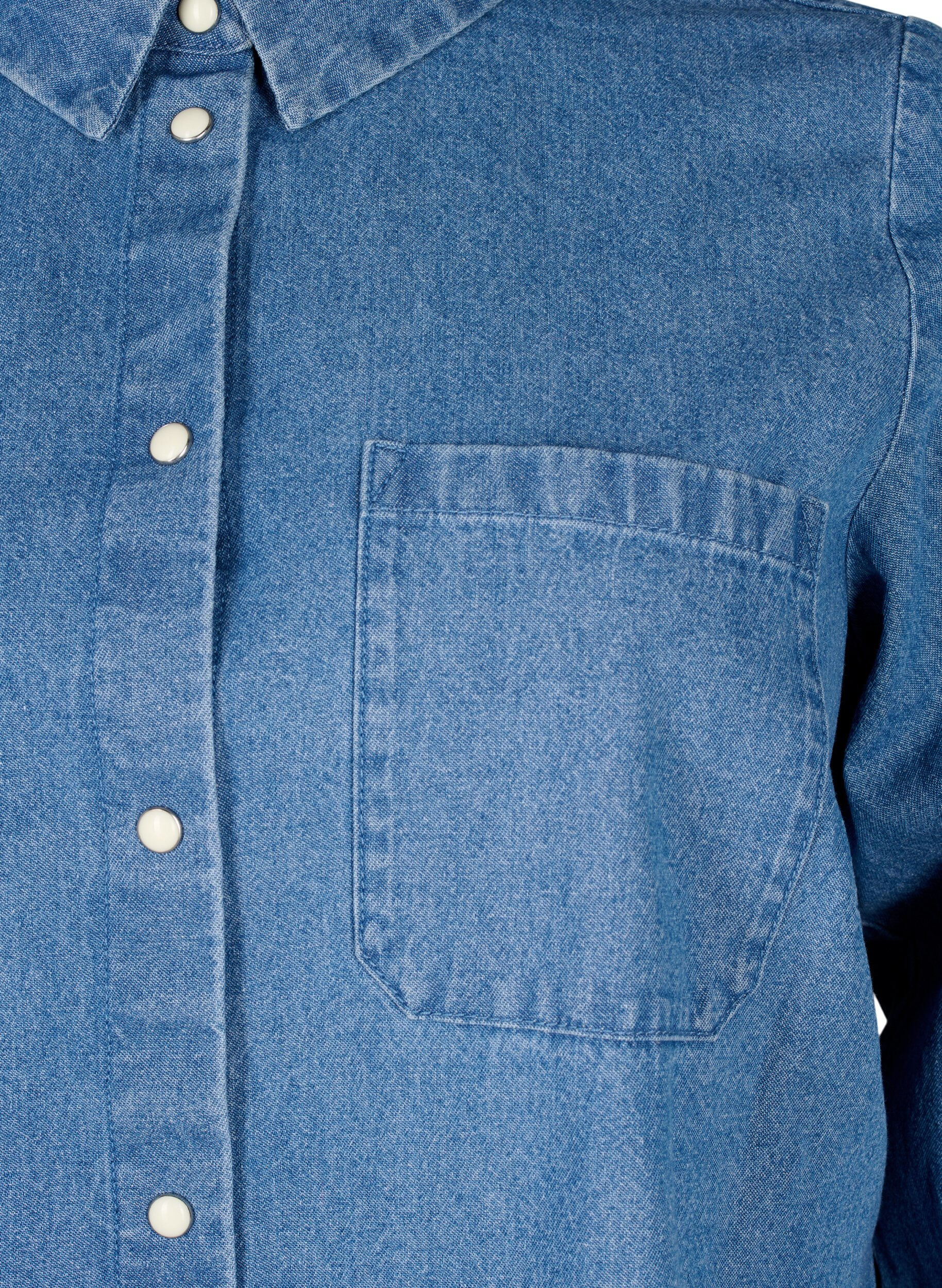 ZizziPitk&auml;hihainen farkkupaita rintataskulla, Light Blue Denim, Packshot image number 2